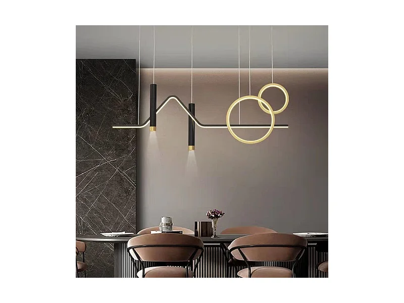 Suspension moderne LED double ronde avec spot en aluminium, 45W onde linéaire, noir or dimmable avec télécommande, 220V, pour hôtel bureau café restaurant