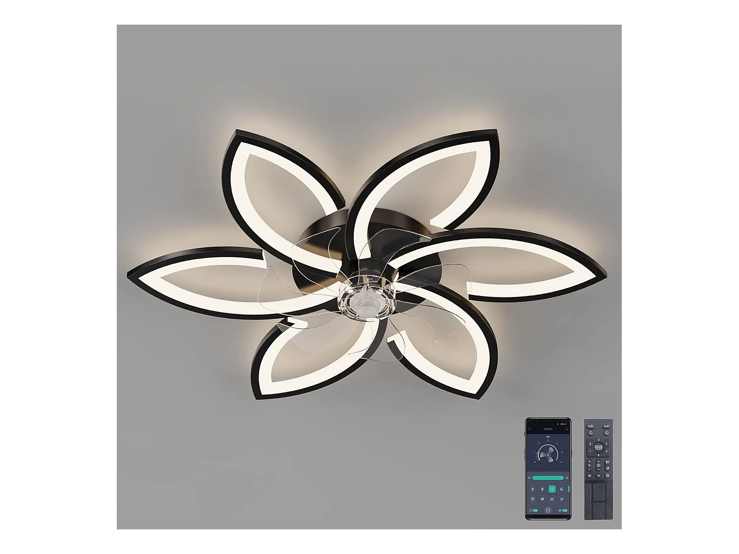 Ventilateur-plafonnier silencieux avec lumière dimmable via APP/télécommande - Design acrylique fleuri 70W (Noir)