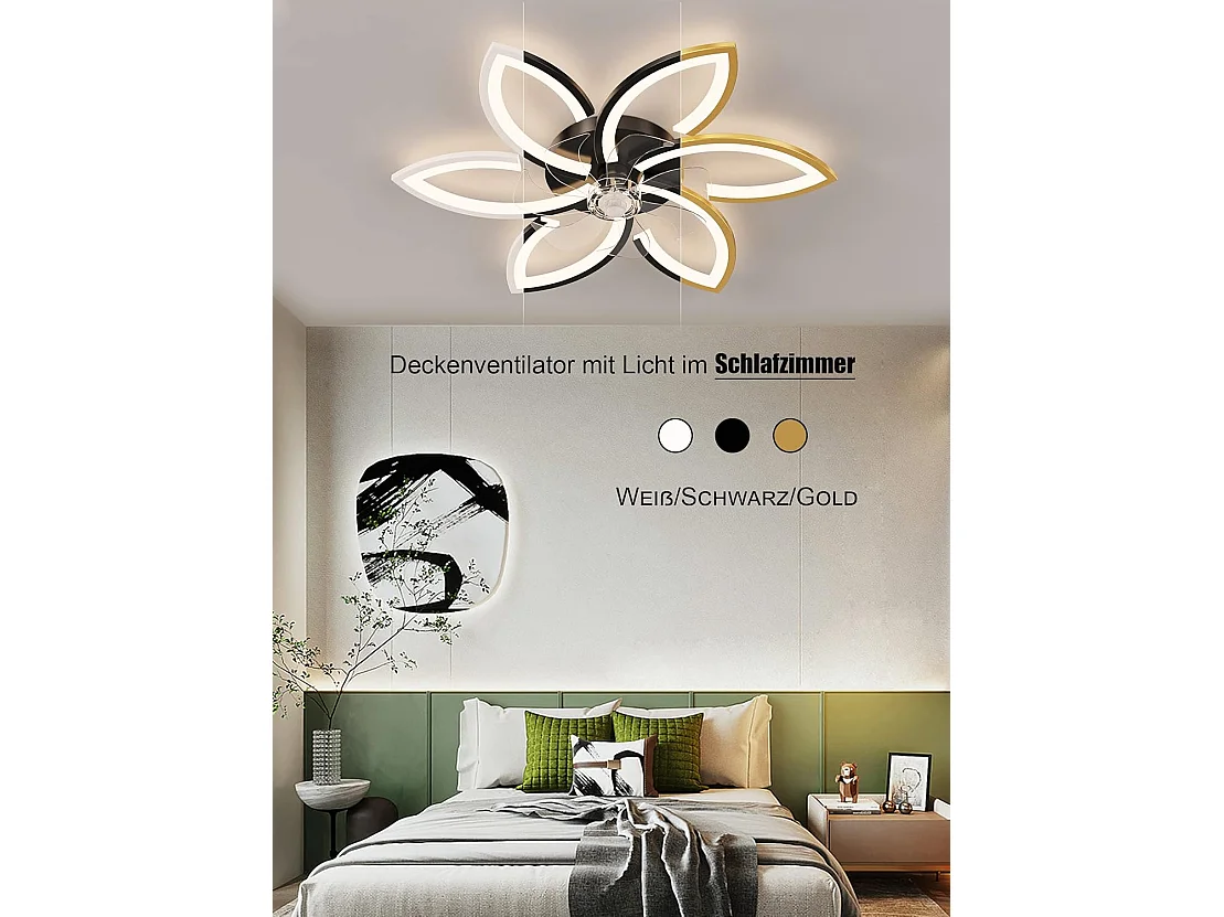 Ventilateur-plafonnier silencieux avec lumière dimmable via APP/télécommande - Design acrylique fleuri 70W (Noir)