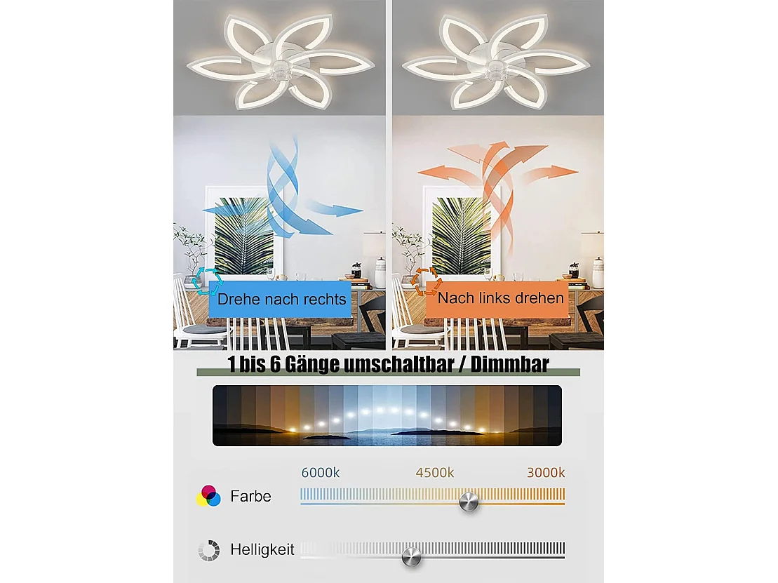 Ventilateur-plafonnier silencieux avec lumière dimmable via APP/télécommande - Design acrylique fleuri 70W (Noir)