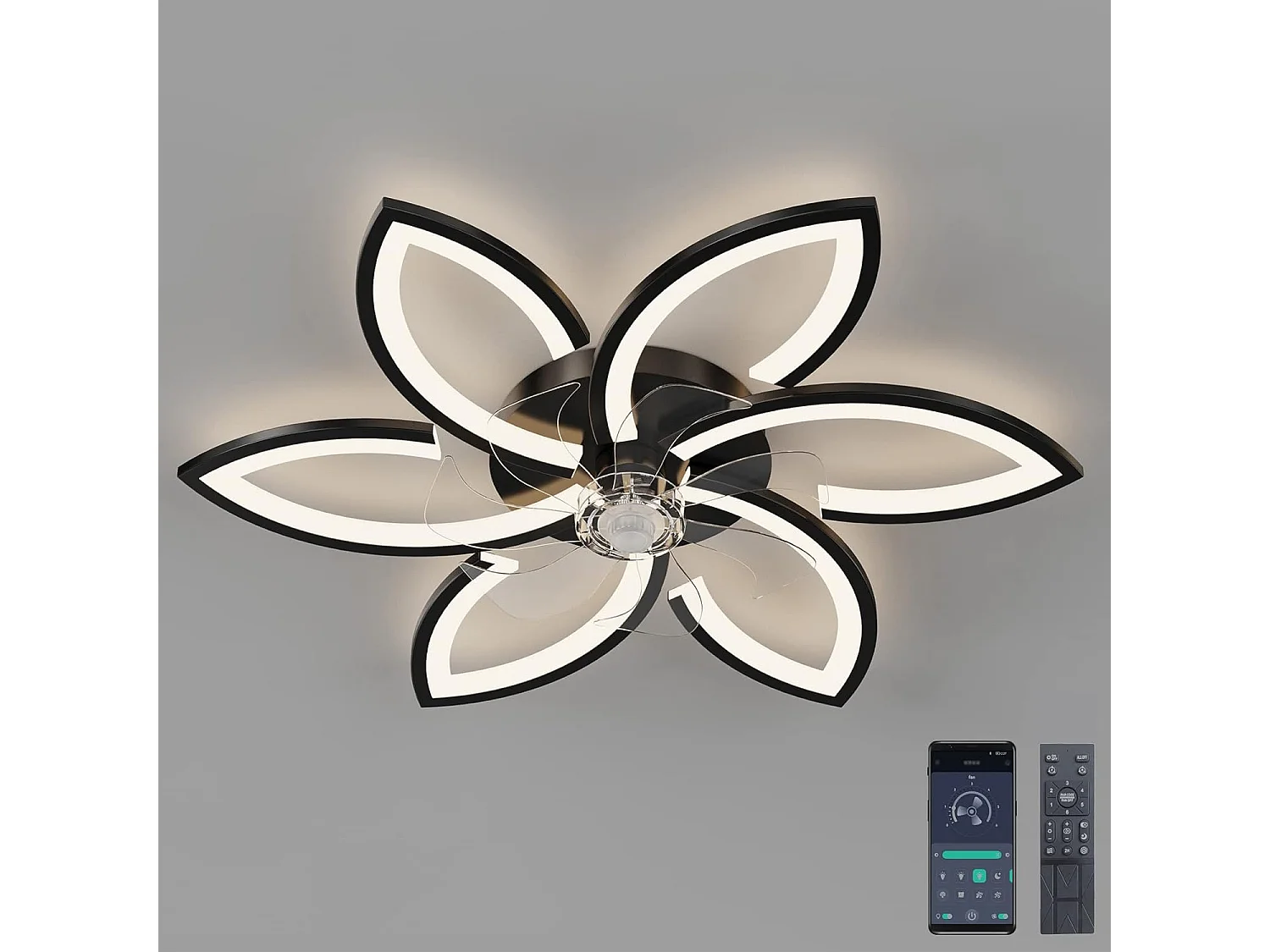 Ventilateur-plafonnier silencieux avec lumière dimmable via APP/télécommande - Design acrylique fleuri 70W (Noir)