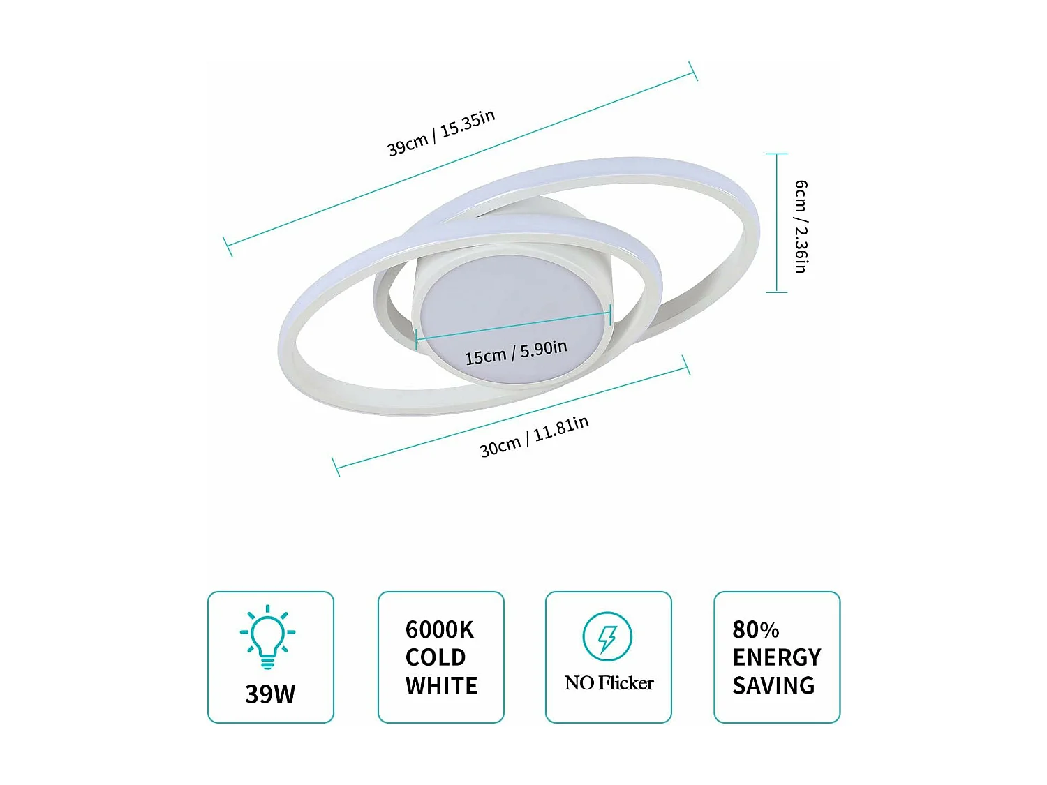 Plafonnier LED, Lampe de plafond Rond 39W, Blanc Froid 6000K, Moderne Luminaire Plafonnier pour Salon Chambre cuisine Balcon (Blanc) [Classe énergétique E]