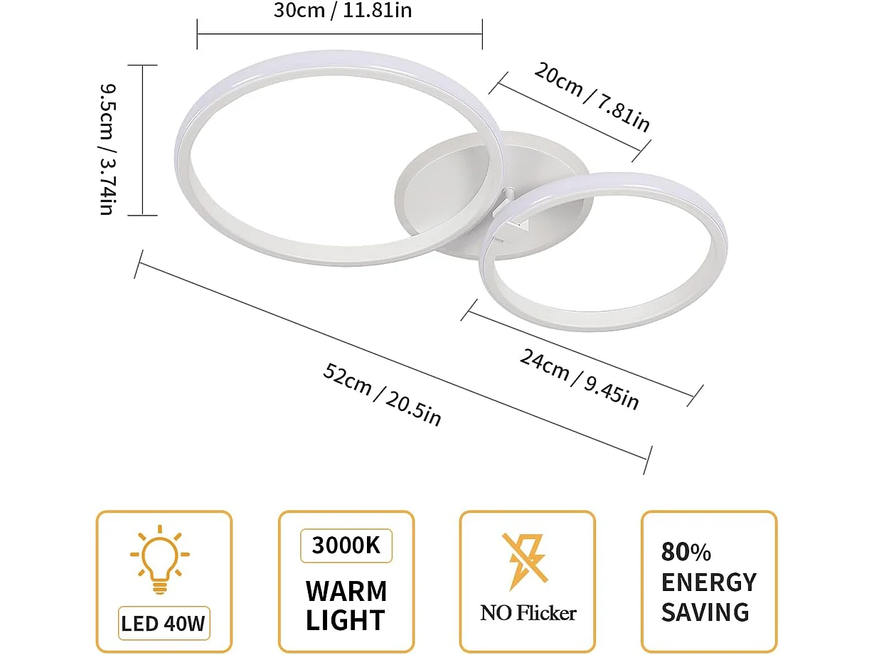 Plafonnier LED Moderne, Lampe de Plafond Ronde 42W 3500LM, Lustre LED Plafonnier en Aluminium et acrylique pour Salon,Longueur 52cm (Blanche Chaude 3000K) Blanc