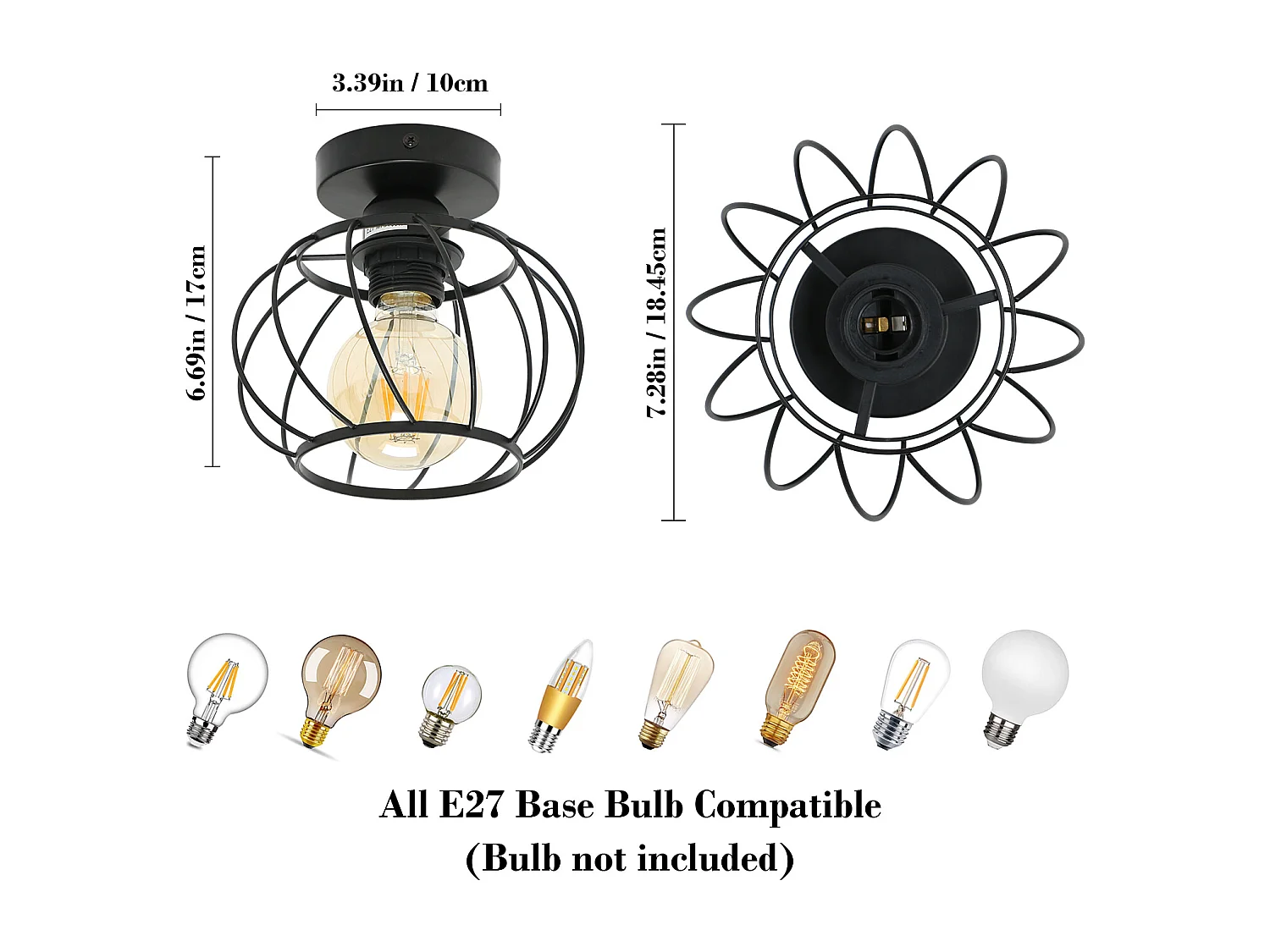 Plafonnier en fer Métal E27, Mini Éclairage de Plafond Semi encastré Rond, Luminaire Plafond en fer pour Chambre Cuisine Salle à Manger Couloir Entrée (Noir)