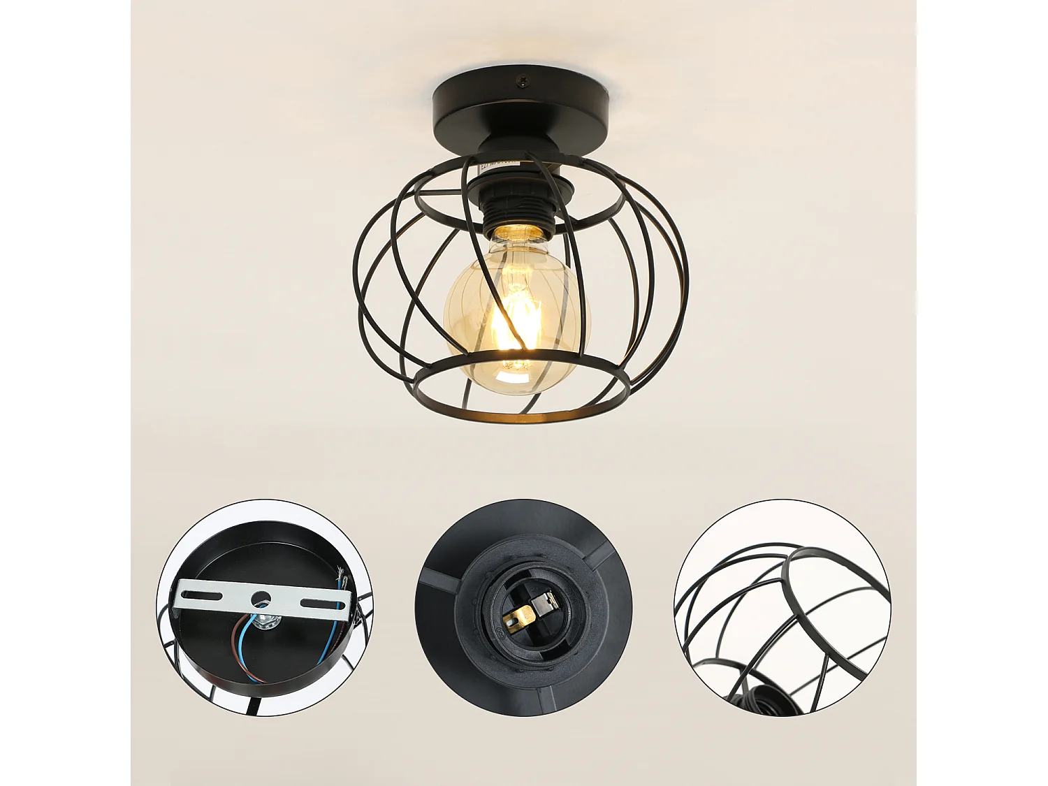 Plafonnier en fer Métal E27, Mini Éclairage de Plafond Semi encastré Rond, Luminaire Plafond en fer pour Chambre Cuisine Salle à Manger Couloir Entrée (Noir)