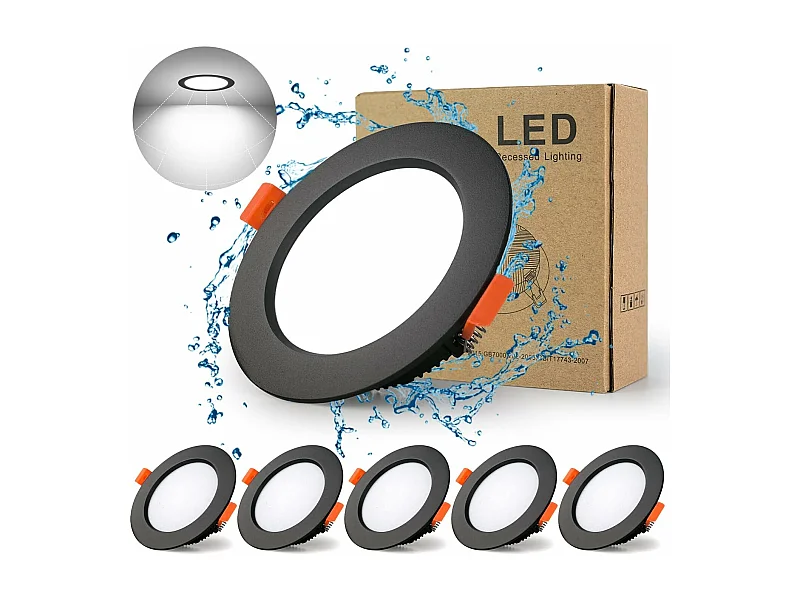 5 Pack LED Spot Encastrable Noir, 9W 900LM = 90W incandescence, IP44, Blanc Froid 6000K, AC 220-240V,Découpe 90-100mm,Rond ultraslim plafond encastré