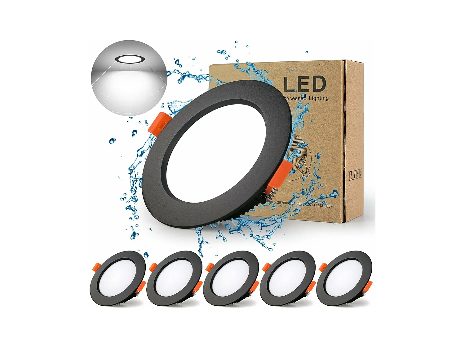 5 Pack LED Spot Encastrable Noir, 9W 900LM = 90W incandescence, IP44, Blanc Froid 6000K, AC 220-240V,Découpe 90-100mm,Rond ultraslim plafond encastré