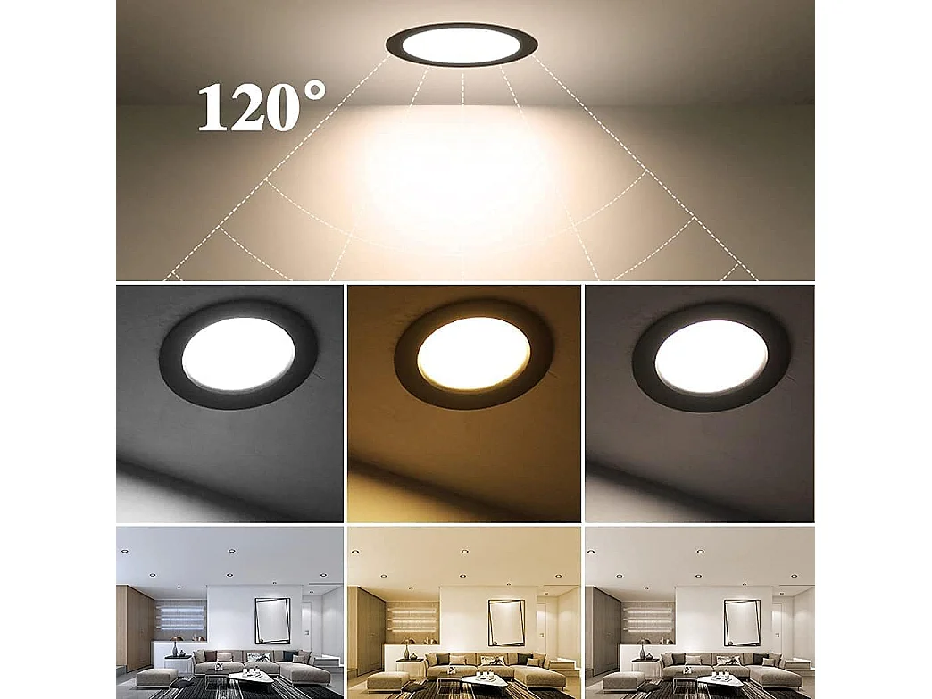 5 Pack LED Spot Encastrable Noir, 9W 900LM = 90W incandescence, IP44, Blanc Froid 6000K, AC 220-240V,Découpe 90-100mm,Rond ultraslim plafond encastré