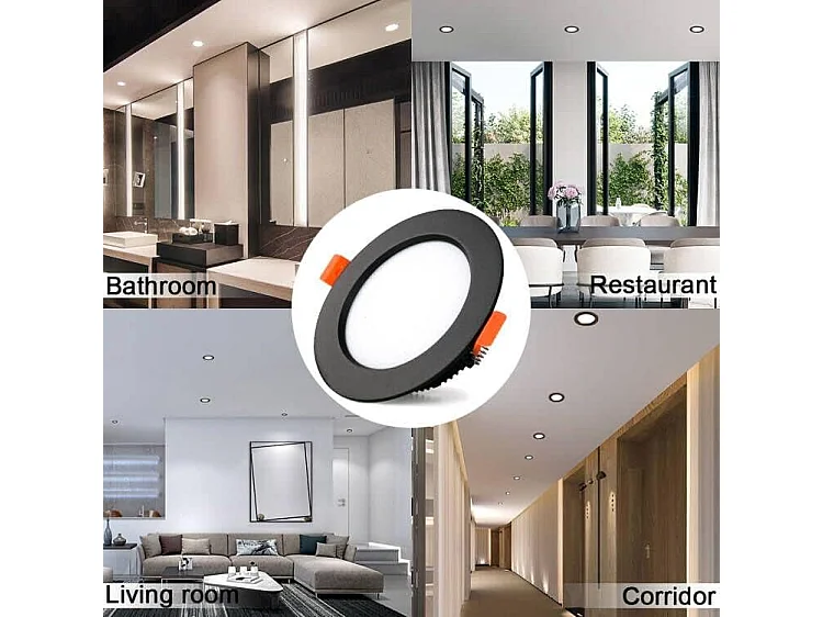 5 Pack LED Spot Encastrable Noir, 9W 900LM = 90W incandescence, IP44, Blanc Froid 6000K, AC 220-240V,Découpe 90-100mm,Rond ultraslim plafond encastré