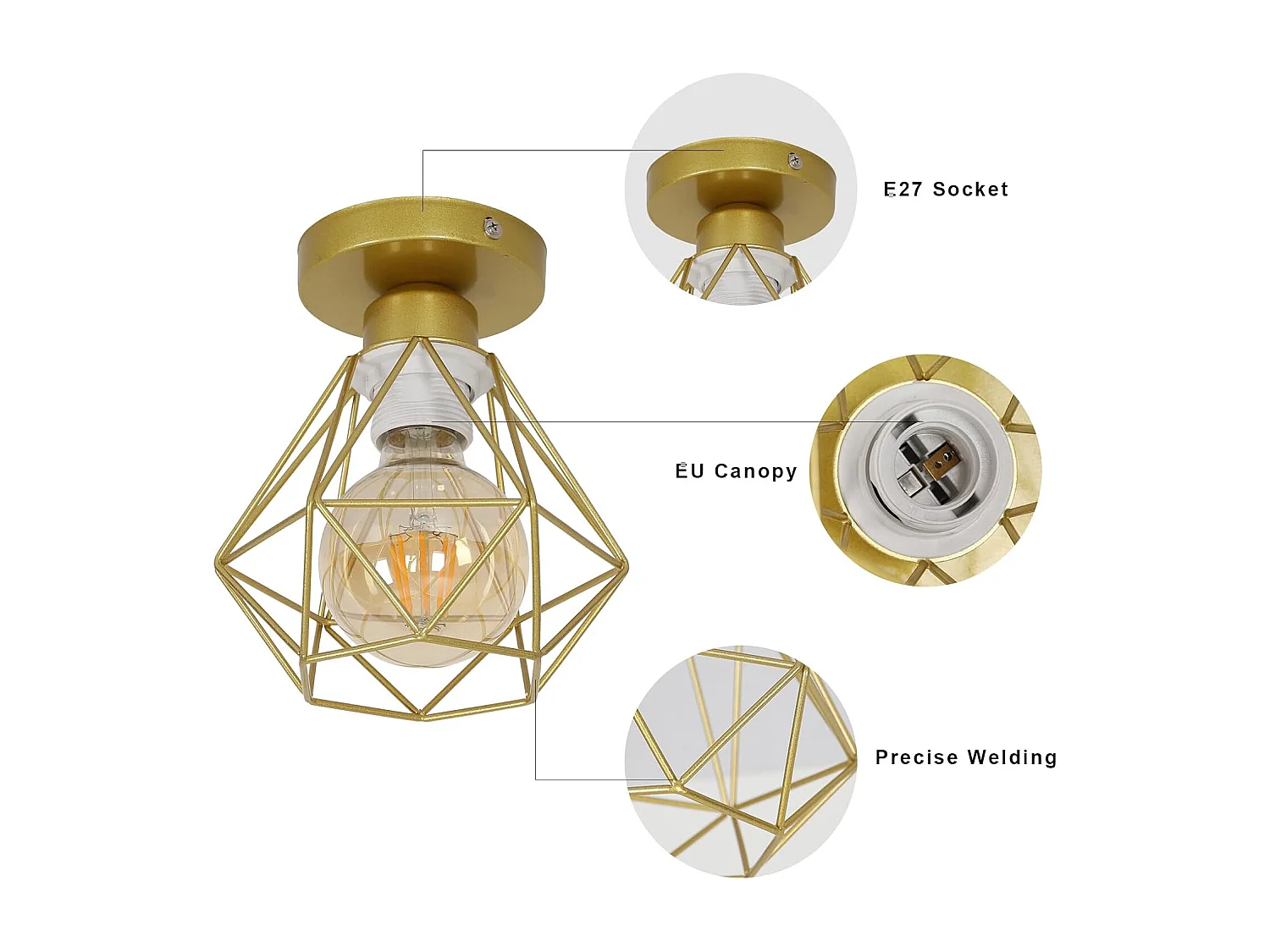 Plafonnier Industriel Vintage Luminaire E27 diamant fer or Rétro plafonniers Design Métal éclairage plafond pour Salon Chambre Café Bar Restaurent Entrée Couloir