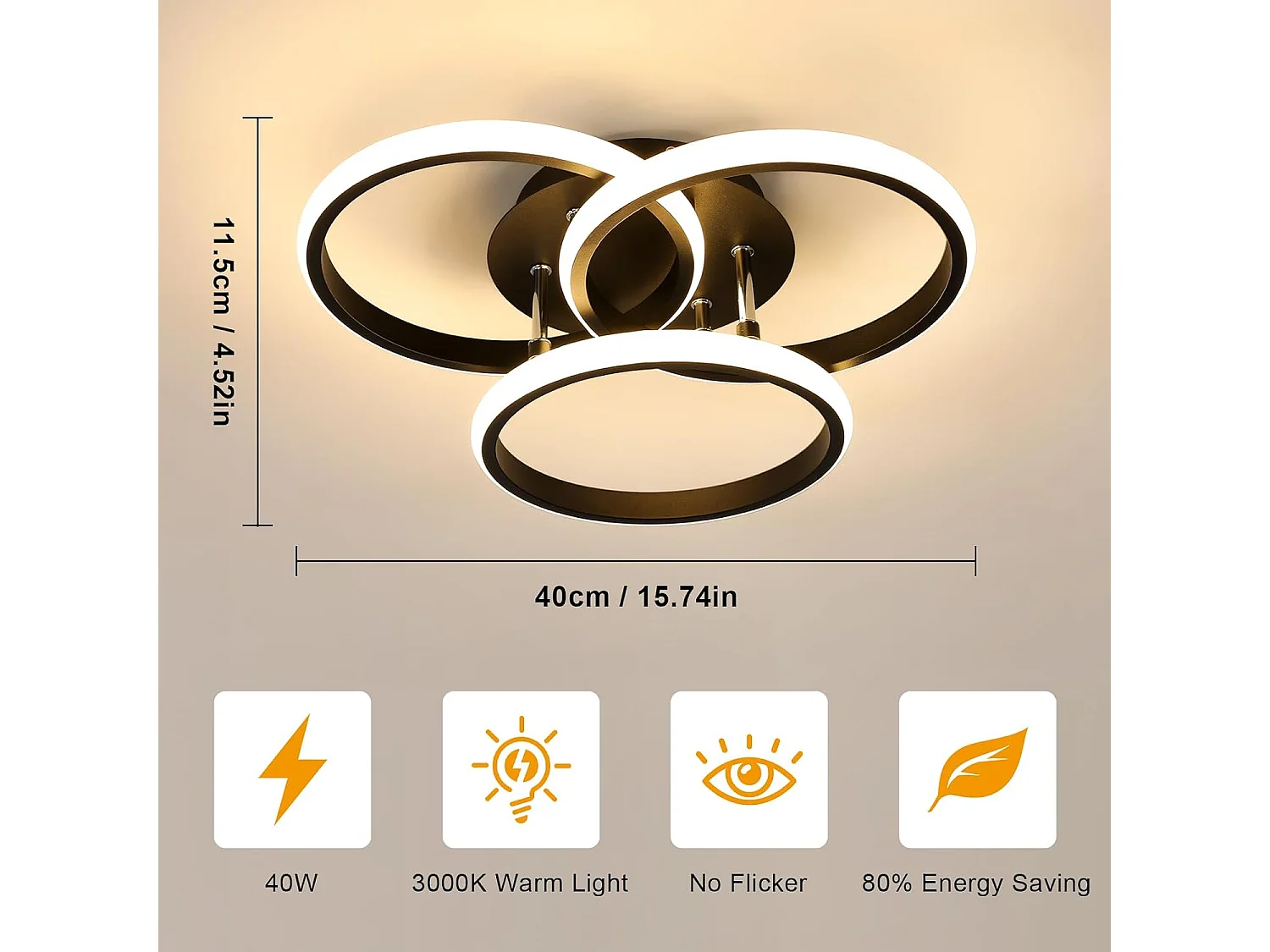 Plafonnier LED Moderne 40CM, 40W 4500LM, Lampe de Plafond Ronde Chambre Lumière Chaude 3000K, Luminaire Plafonnier Noir en Aluminium pour Salon, Cuisine