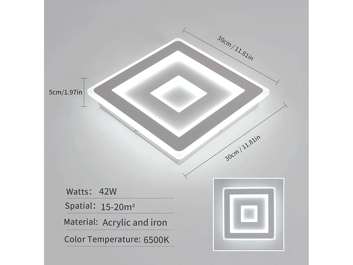 Plafonnier LED carré moderne, 42W 4725LM 30cm LED blanches pour chambre à coucher, salon, blanc froid 6500K
