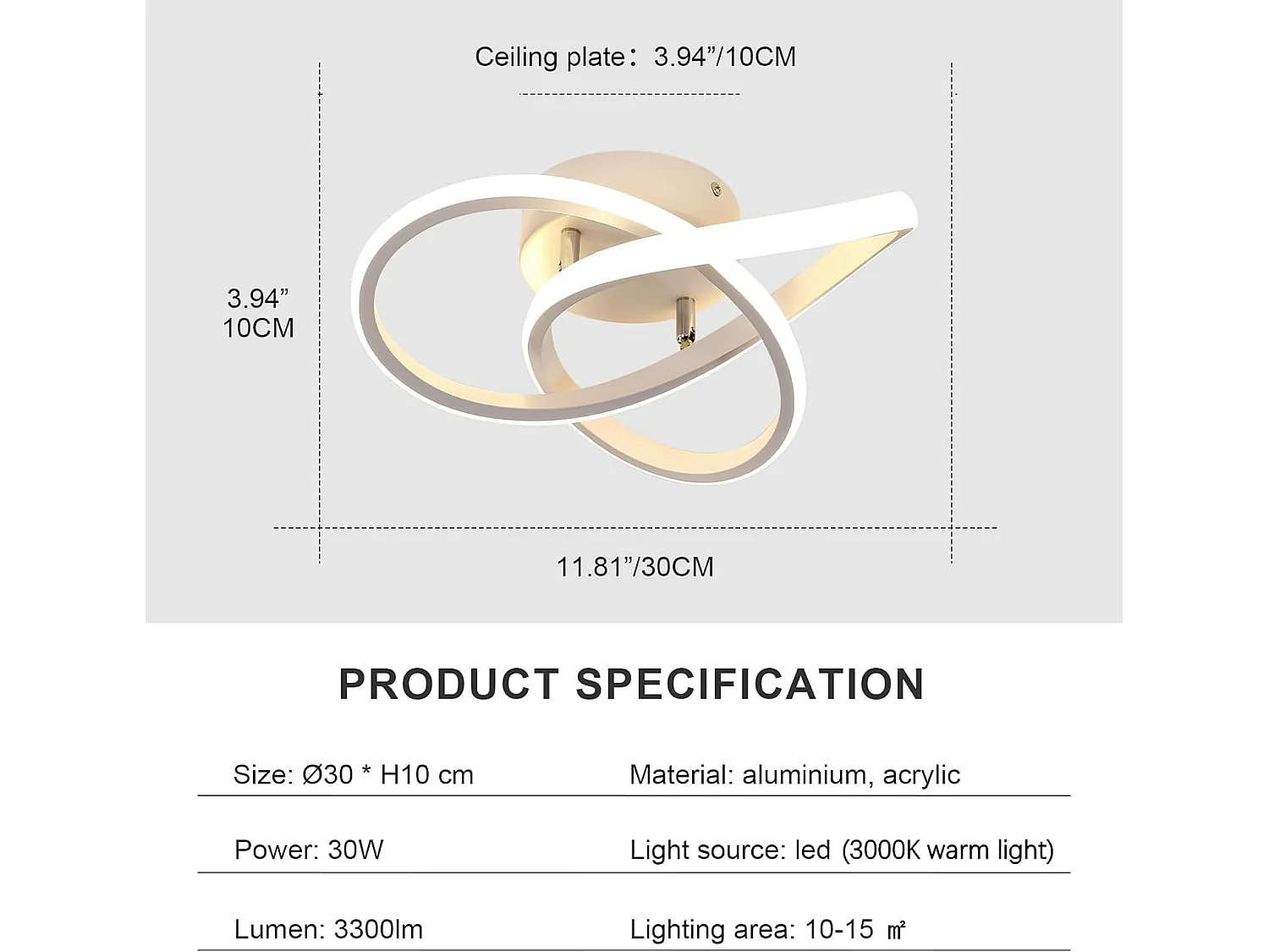 Plafonnier LED Moderne Design Créatif en Aluminium Lampe de Lustre pour Cuisine Salon Chambre Salle à Manger（Blanc 30W Lumière Blanche Chaud 3000K）