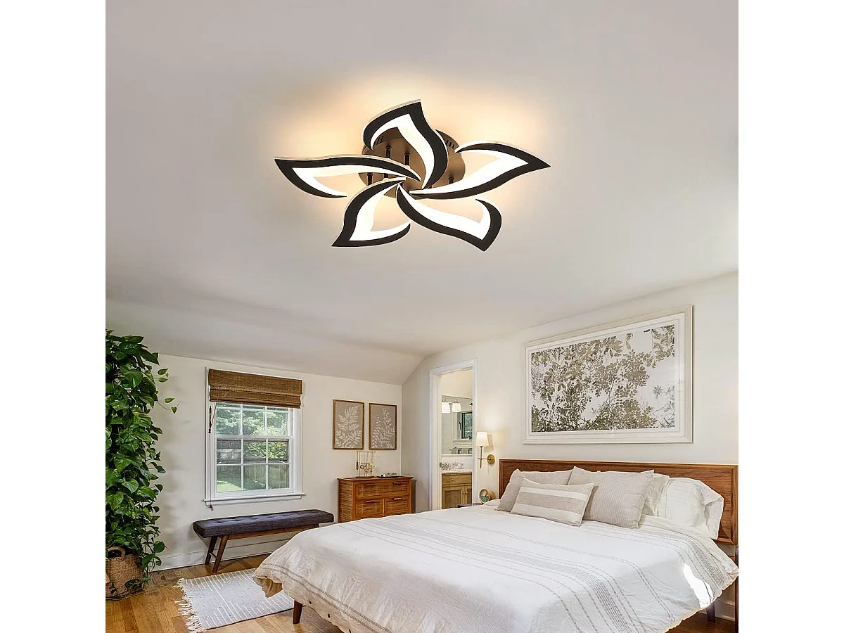 Plafonnier LED Moderne, 60W 6000LM Creative Fleur de Forme Acrylique Lampe de Plafond, 5 Têtes Pétales Noir Lustres Led pour Salon, Chambre,Blanc Chaud 3000K