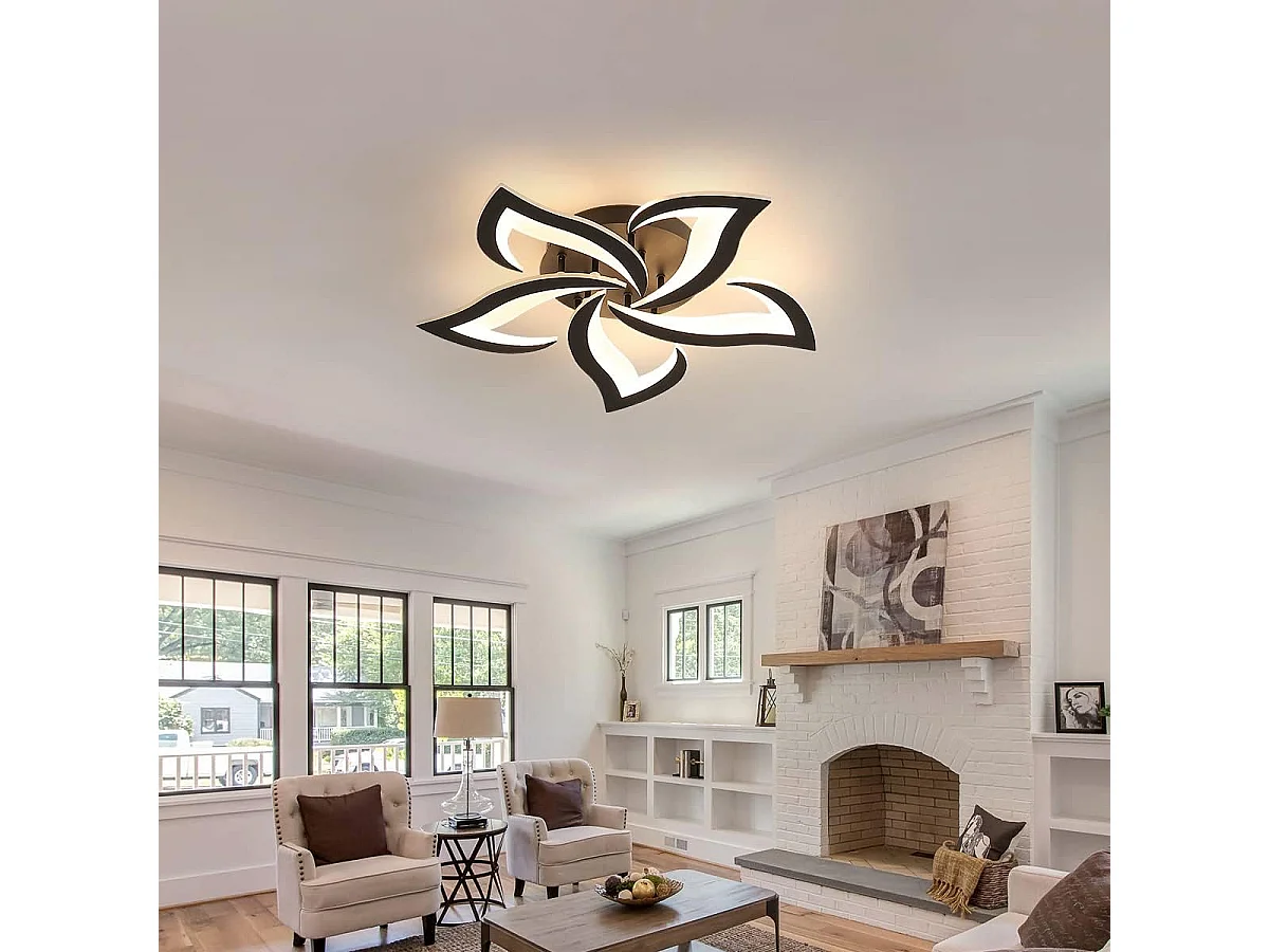 Plafonnier LED Moderne, 60W 6000LM Creative Fleur de Forme Acrylique Lampe de Plafond, 5 Têtes Pétales Noir Lustres Led pour Salon, Chambre,Blanc Chaud 3000K
