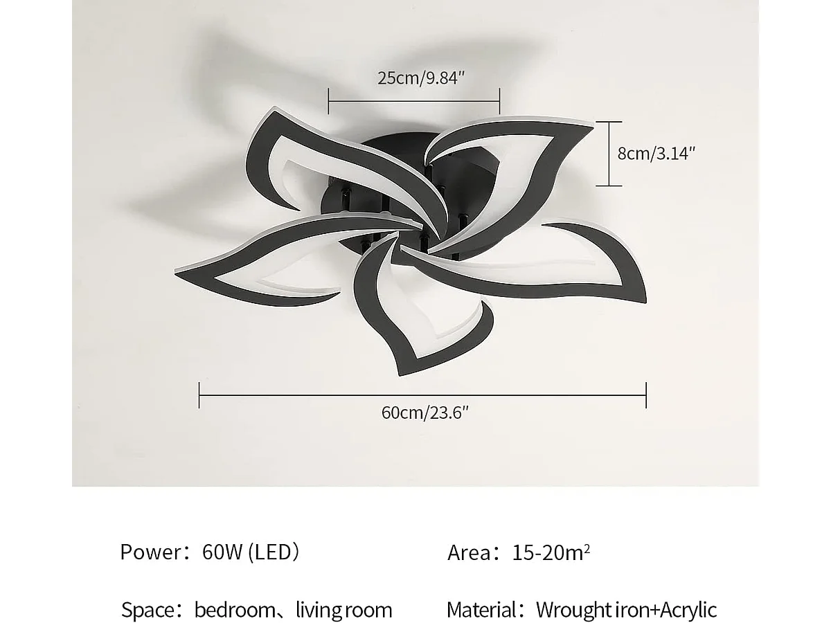 Plafonnier LED Moderne, 60W 6000LM Creative Fleur de Forme Acrylique Lampe de Plafond, 5 Têtes Pétales Noir Lustres Led pour Salon, Chambre,Blanc Chaud 3000K