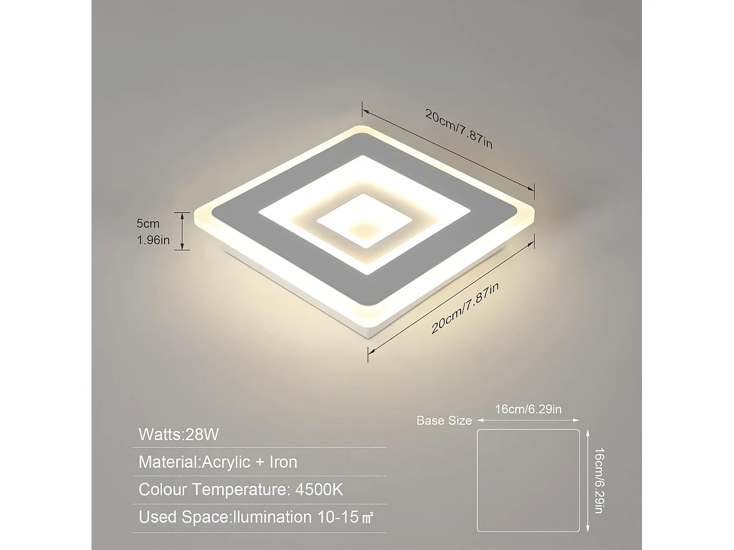 Plafonnier LED Moderne, Luminaire Plafonnier Carré 28W 3150LM en Acrylique Blanc pour Chambre à Coucher, Salon, Couloir, Salle D'étude, Lumière Neutre 4500K, 20CM