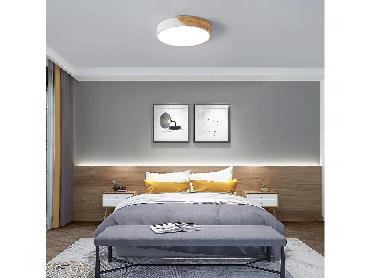 Plafonnier LED Bois, 30W Lampe de Plafond Modernes Rond, Luminaire Plafonnier Blanc Froid 6500K pour Chambre, Salle de Bain, Cuisine, Salon, Bureau, Ø30cm