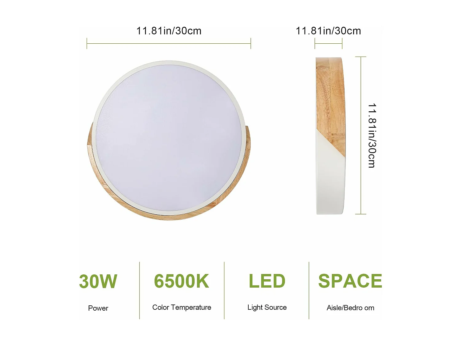Plafonnier LED Bois, 30W Lampe de Plafond Modernes Rond, Luminaire Plafonnier Blanc Froid 6500K pour Chambre, Salle de Bain, Cuisine, Salon, Bureau, Ø30cm