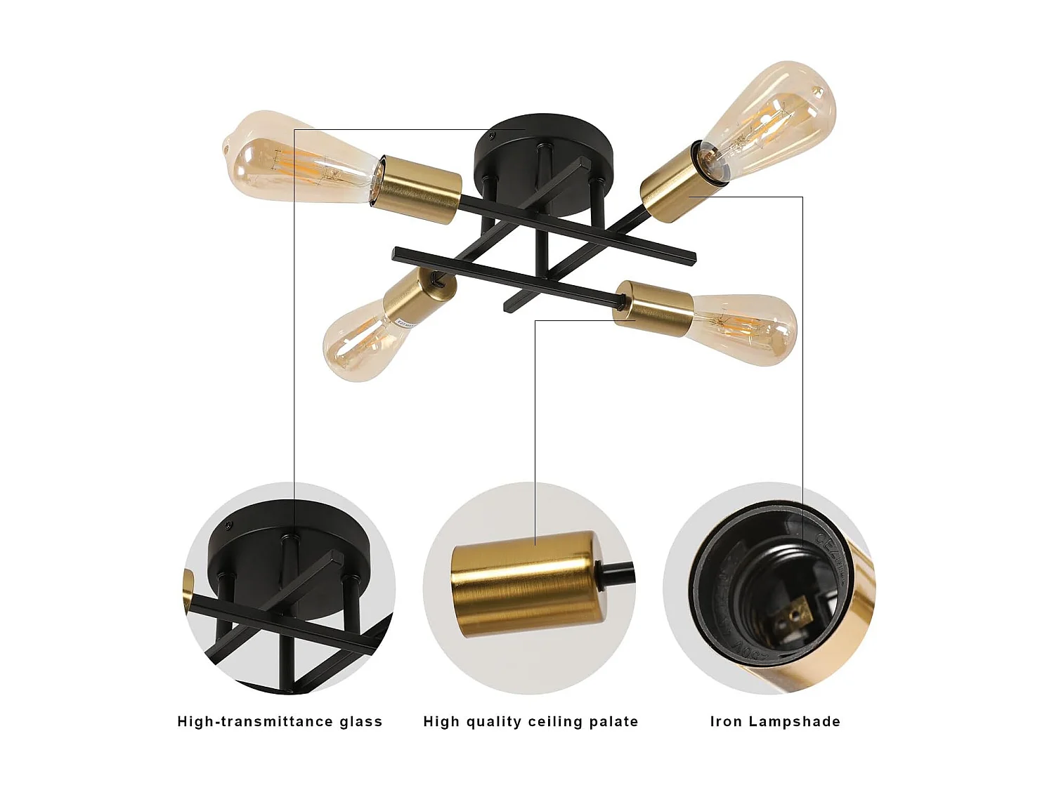 Plafonnier Industriel, 4 Lumières E27 Luminaire Plafonnier Rétro en Métal, Suspension Luminaire Moderne pour Salon,Cuisine et Salle à Manger (Ampoule non Incluse)