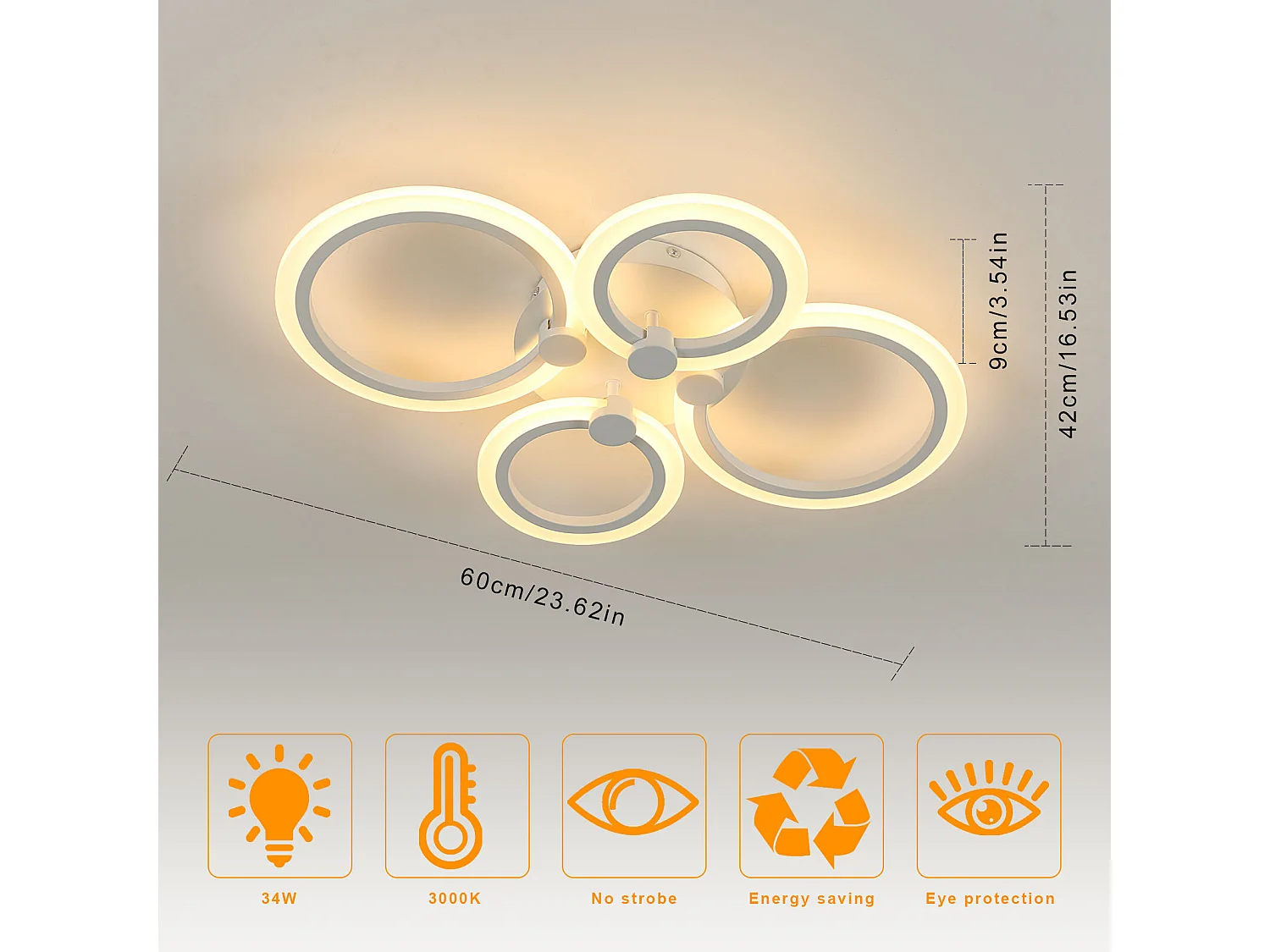 Plafonnier LED moderne - Luminaire plafonnier créatif 4 têtes 34W, Lumière chaude 3000K, Plafonnier en métal acrylique pour salon, chambre, salle à manger, bureau