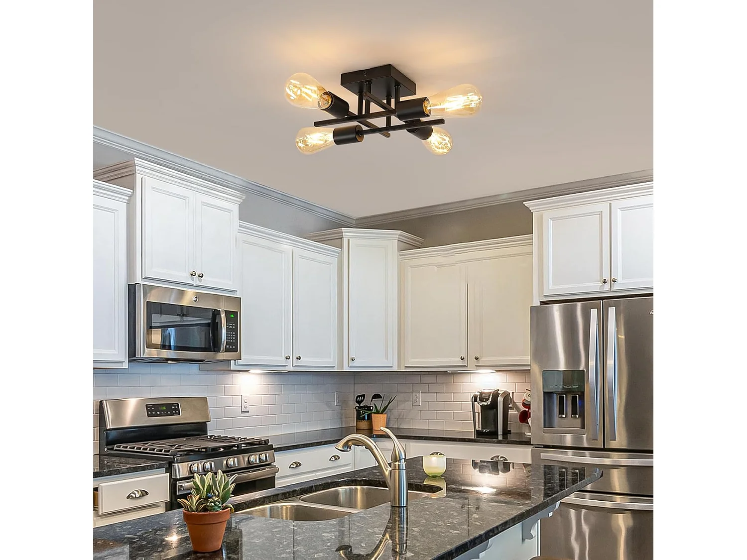 Plafonnier Vintage, Moderne Lustre Sputnik Industriel 4 Lumières E27 Base en Métal, Rétro Lampe de Plafond Noire pour Chambre à coucher,Salle à manger