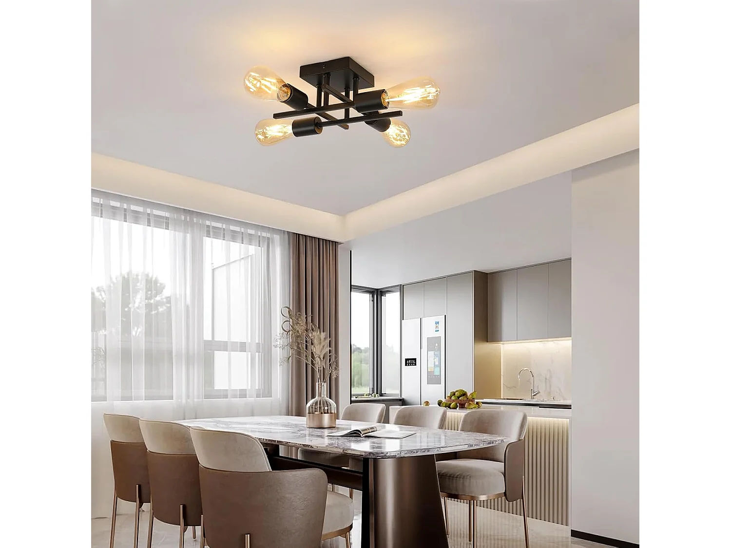 Plafonnier Vintage, Moderne Lustre Sputnik Industriel 4 Lumières E27 Base en Métal, Rétro Lampe de Plafond Noire pour Chambre à coucher,Salle à manger