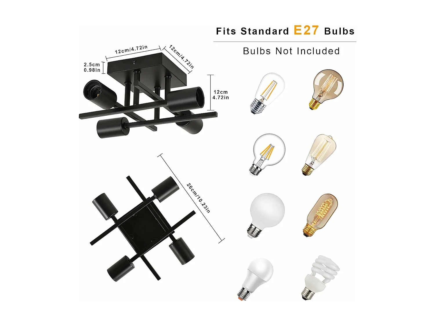 Plafonnier Vintage, Moderne Lustre Sputnik Industriel 4 Lumières E27 Base en Métal, Rétro Lampe de Plafond Noire pour Chambre à coucher,Salle à manger