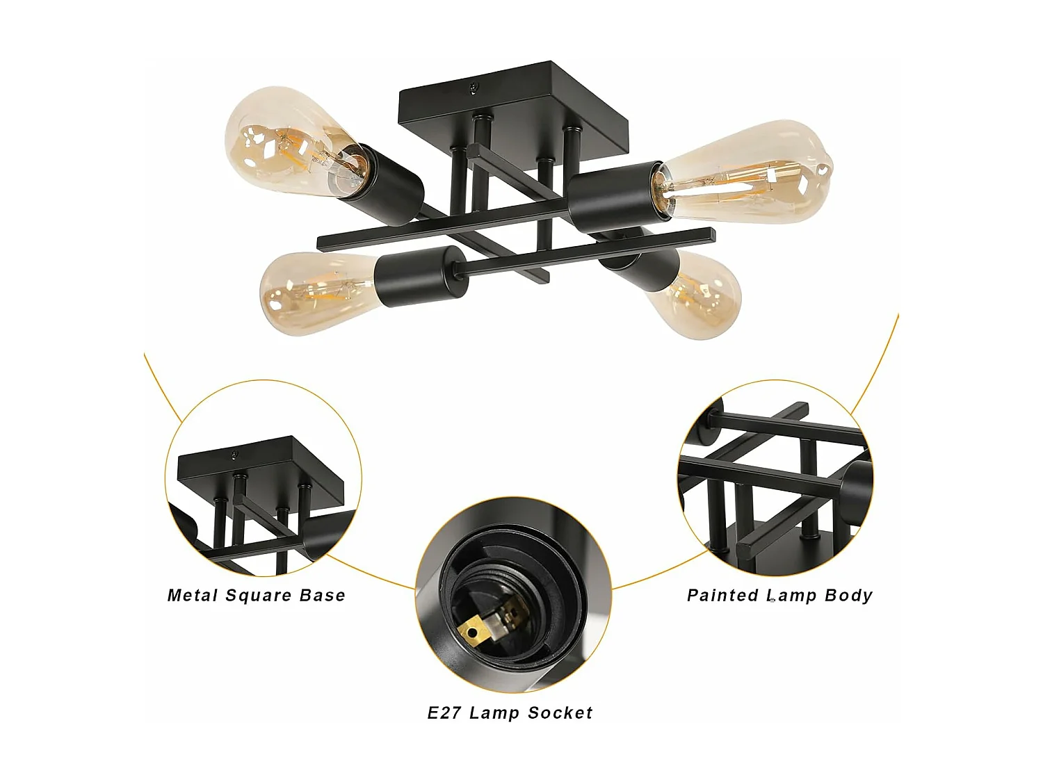 Plafonnier Vintage, Moderne Lustre Sputnik Industriel 4 Lumières E27 Base en Métal, Rétro Lampe de Plafond Noire pour Chambre à coucher,Salle à manger