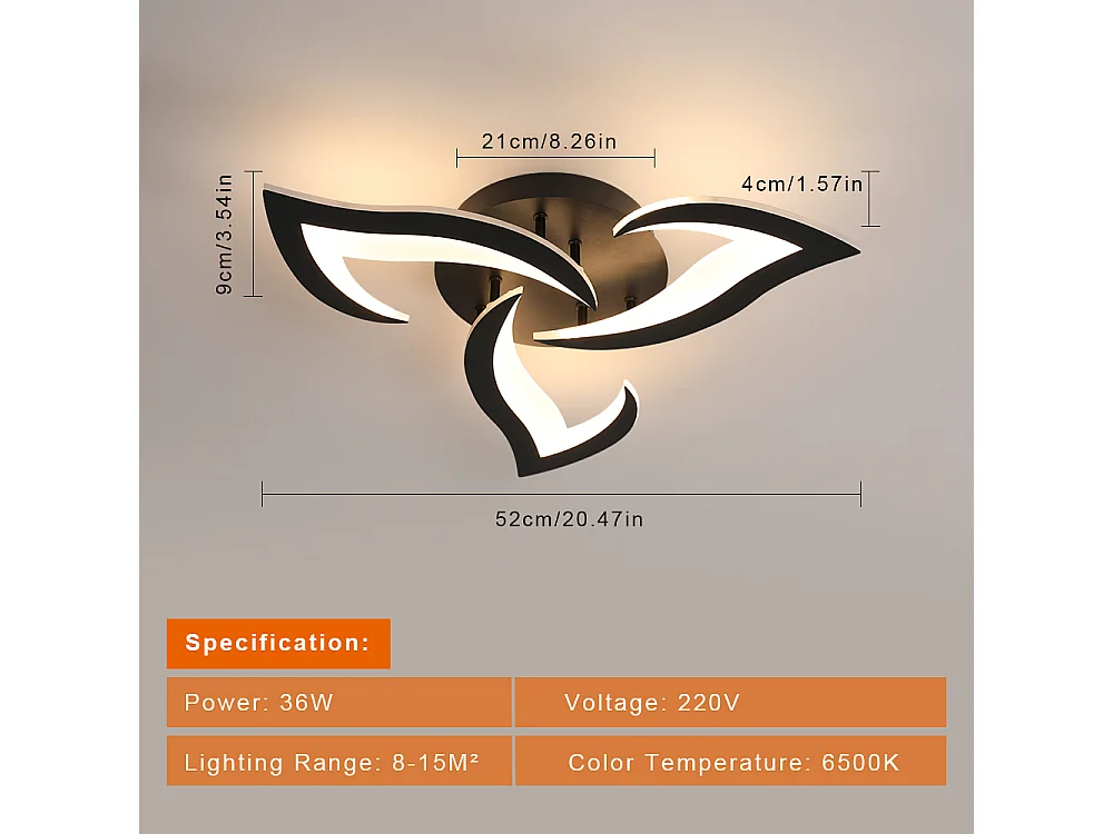 Plafonnier Led Moderne, 33W 4000LM en Acrylique, Design Créatif Pétales, Lustre Led Noir pour Chambre, Salon, Salle à Manger, Cuisine, Couloir, Lumière Chaude 3000K