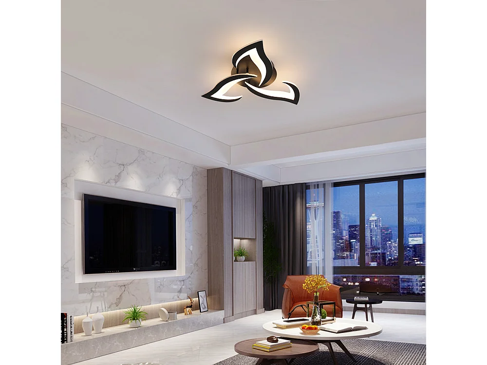 Plafonnier Led Moderne, 33W 4000LM en Acrylique, Design Créatif Pétales, Lustre Led Noir pour Chambre, Salon, Salle à Manger, Cuisine, Couloir, Lumière Chaude 3000K