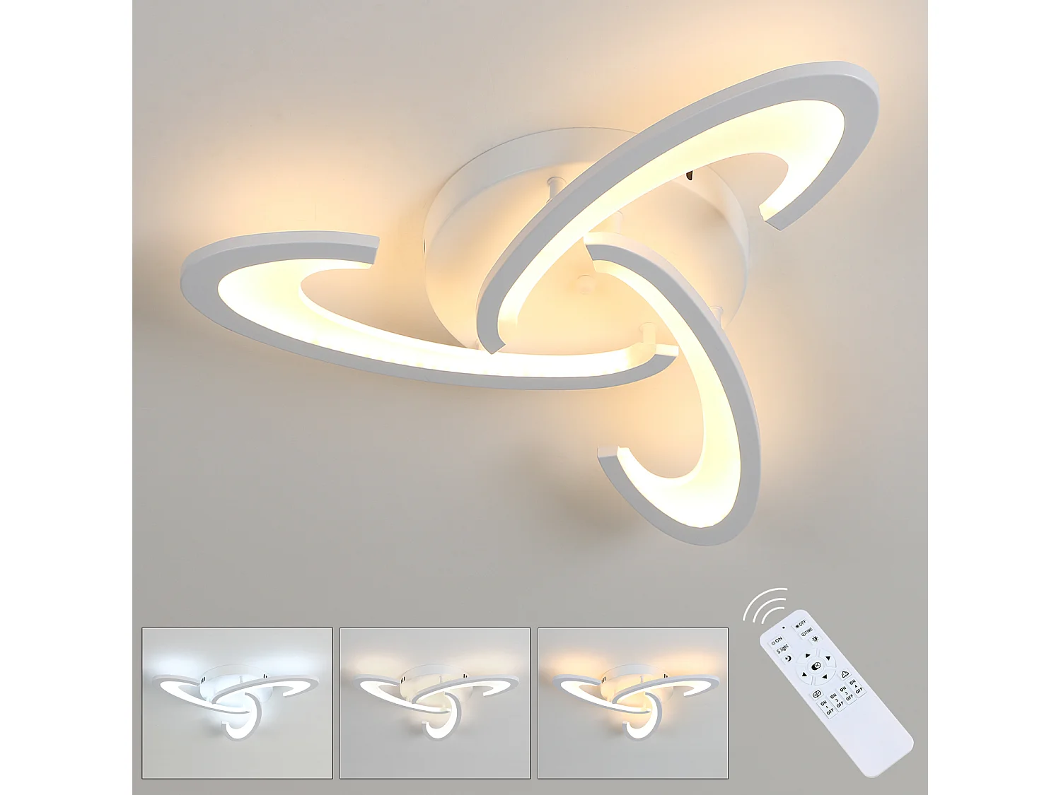 Plafonnier LED Dimmable Moderne, 30W avec Télécommande, 3000K-6500K, 3 Têtes en Acrylique, Luminaire de Plafond LED pour Chambre, Salon, Entrée