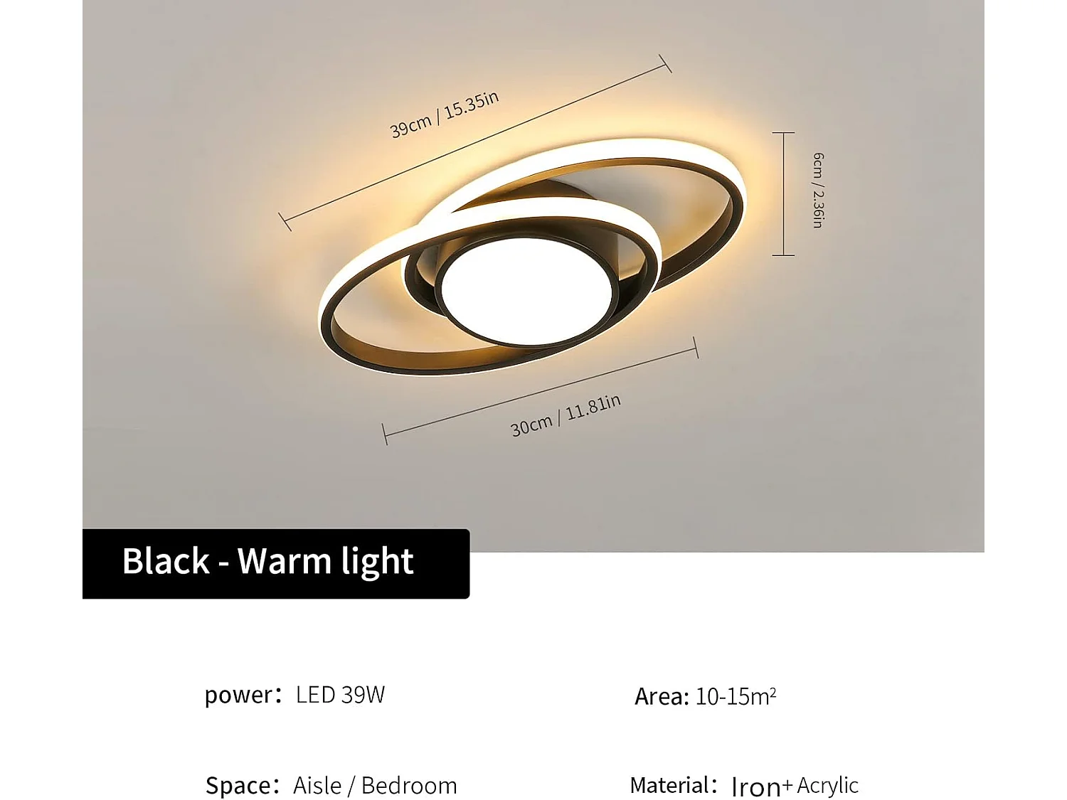 Plafonnier LED, Lampe de plafond Rond 39W, Lumière Chaude 3000K, Moderne Luminaire Plafonnier pour Salon Chambre Cuisine Balcon (Noir) [Classe énergétique E]