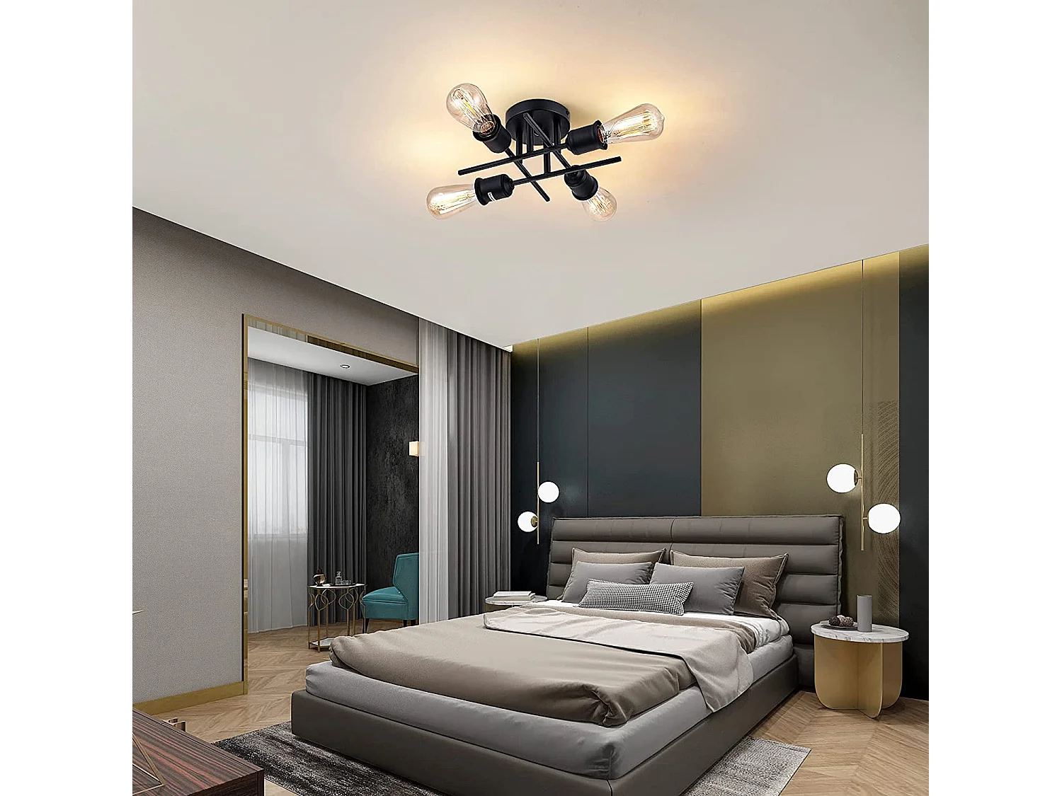 Plafonnier semi-encastré noir mat, lustre moderne à 4 lumières pour ferme cuisine salle à manger chambre