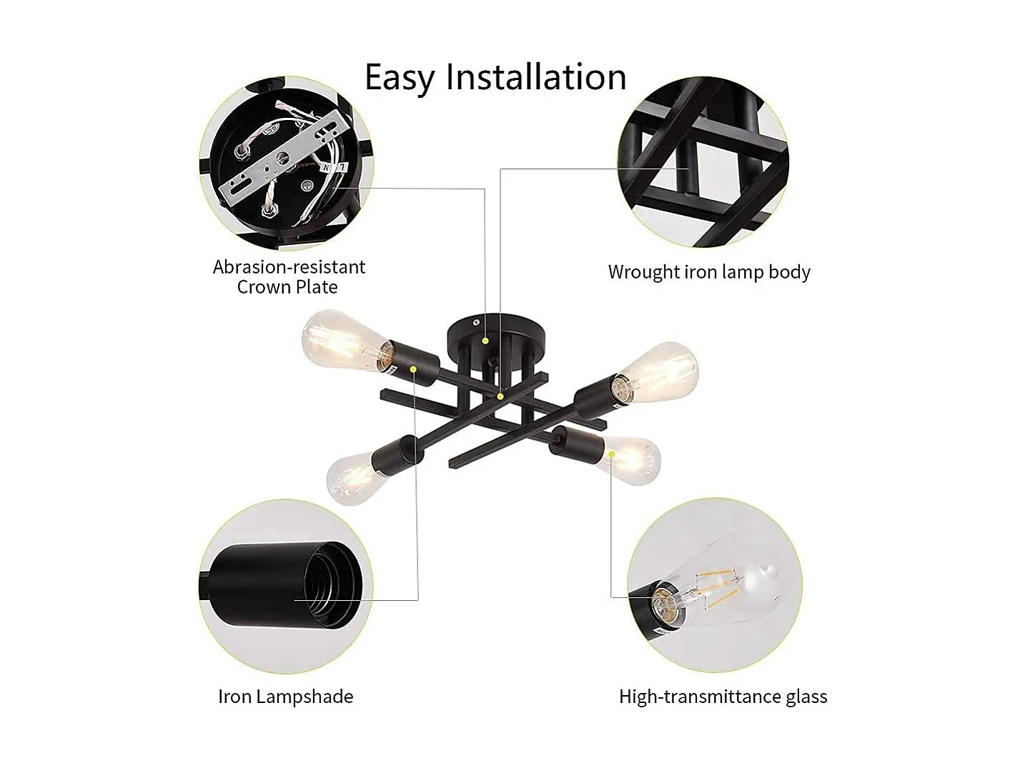 Plafonnier semi-encastré noir mat, lustre moderne à 4 lumières pour ferme cuisine salle à manger chambre