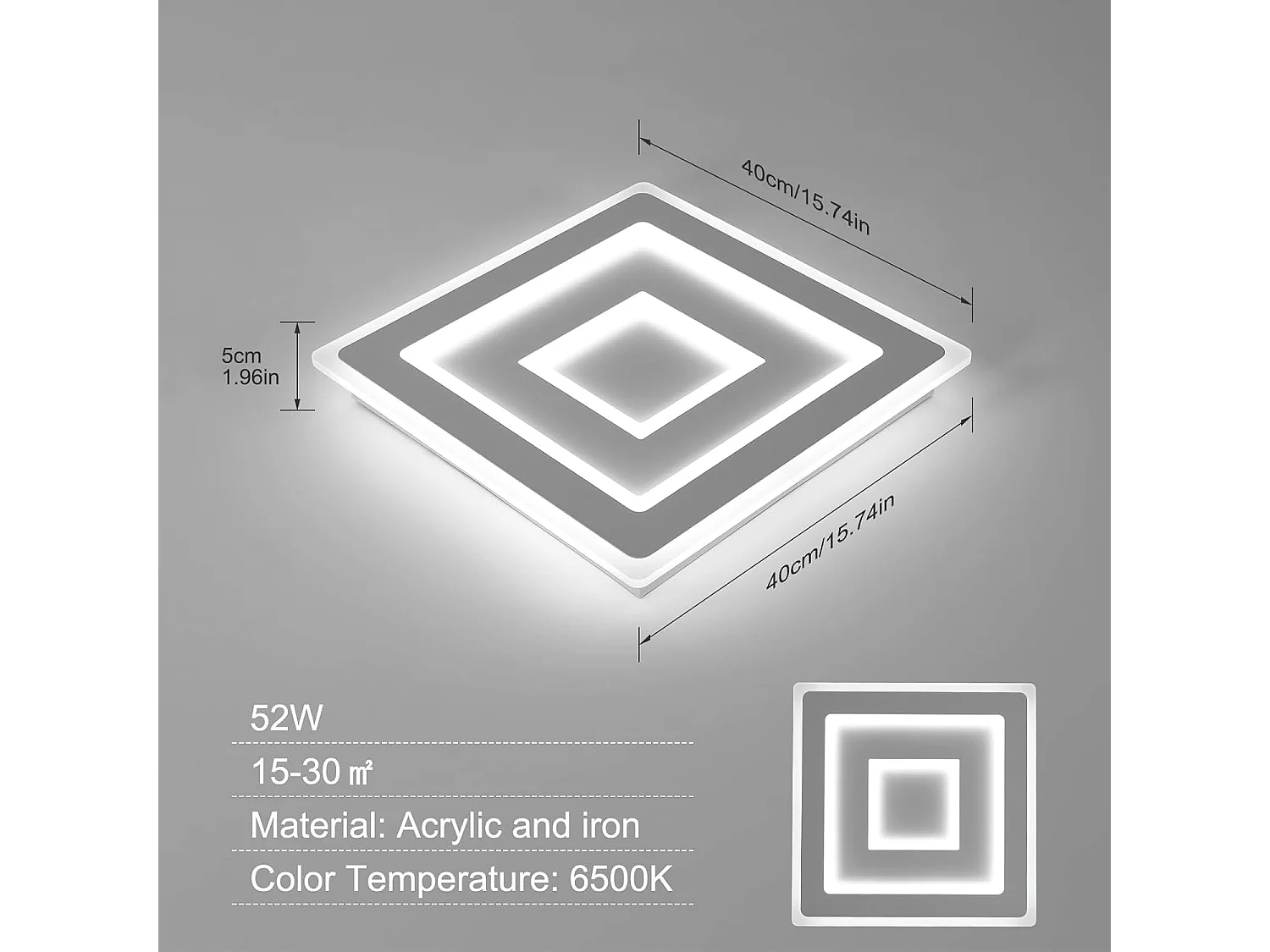 Plafonnier LED Carré 52W 5850LM Luminaire Plafonnier en Acrylique Blanc, Parfait pour Chambre à Coucher, Salon, Couloir, Lumière Blanche 6500K, Dimensions 40cm