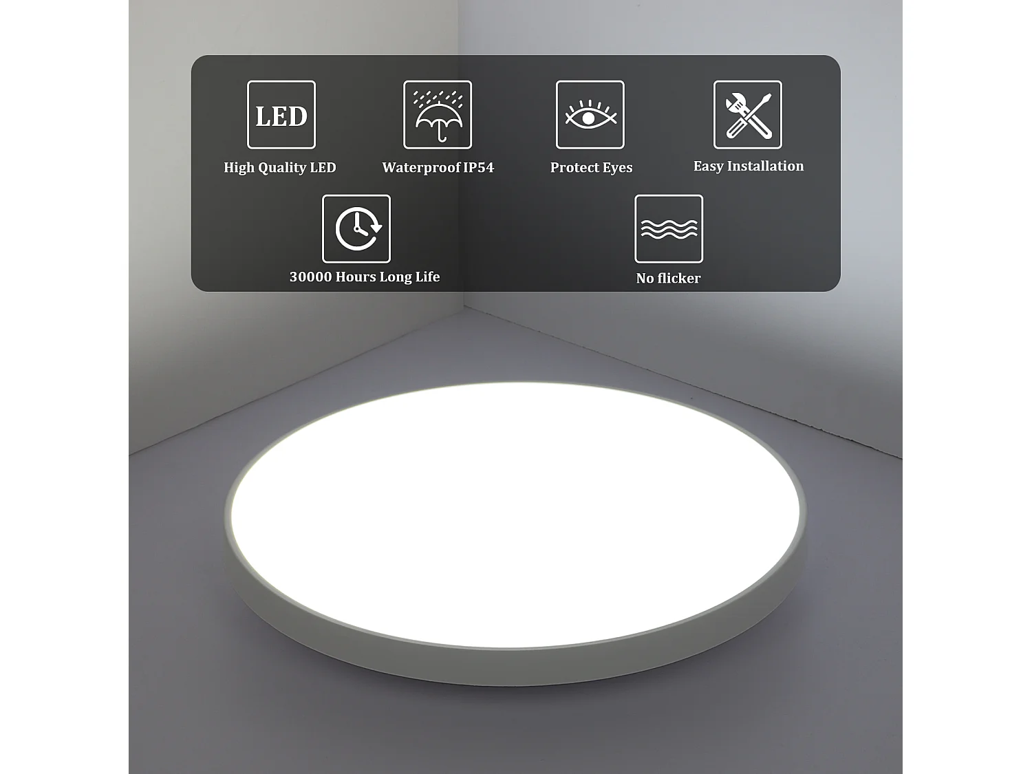 Plafonnier LED Étanche IP54 27CM - 24W 2700LM 6500K - Salle de Bain, Cuisine, Couloir, Balcon