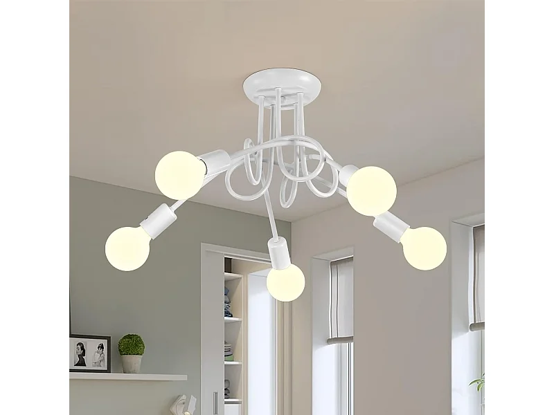 Plafonnier Industriel Vintage 5 Lumières DIY, Suspension Moderne en Fer pour Salon Chambre Cuisine, E27, Max 60W, Blanc (Sans Ampoules)