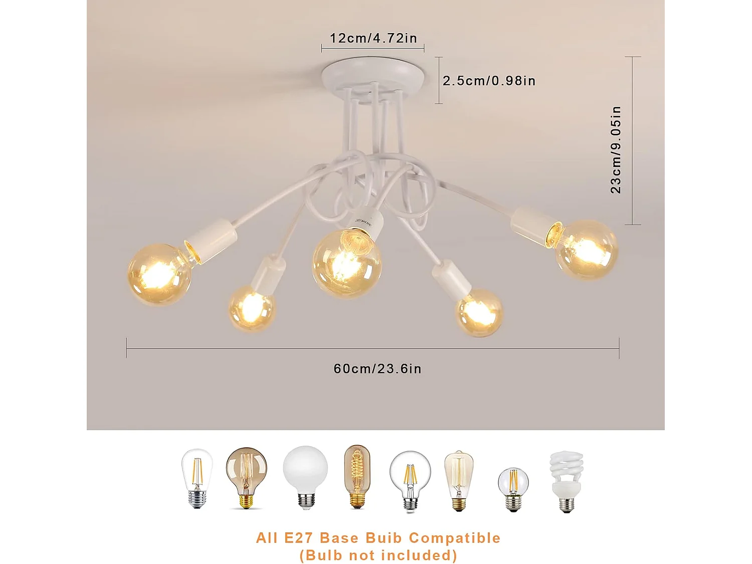 Plafonnier Industriel Vintage 5 Lumières DIY, Suspension Moderne en Fer pour Salon Chambre Cuisine, E27, Max 60W, Blanc (Sans Ampoules)