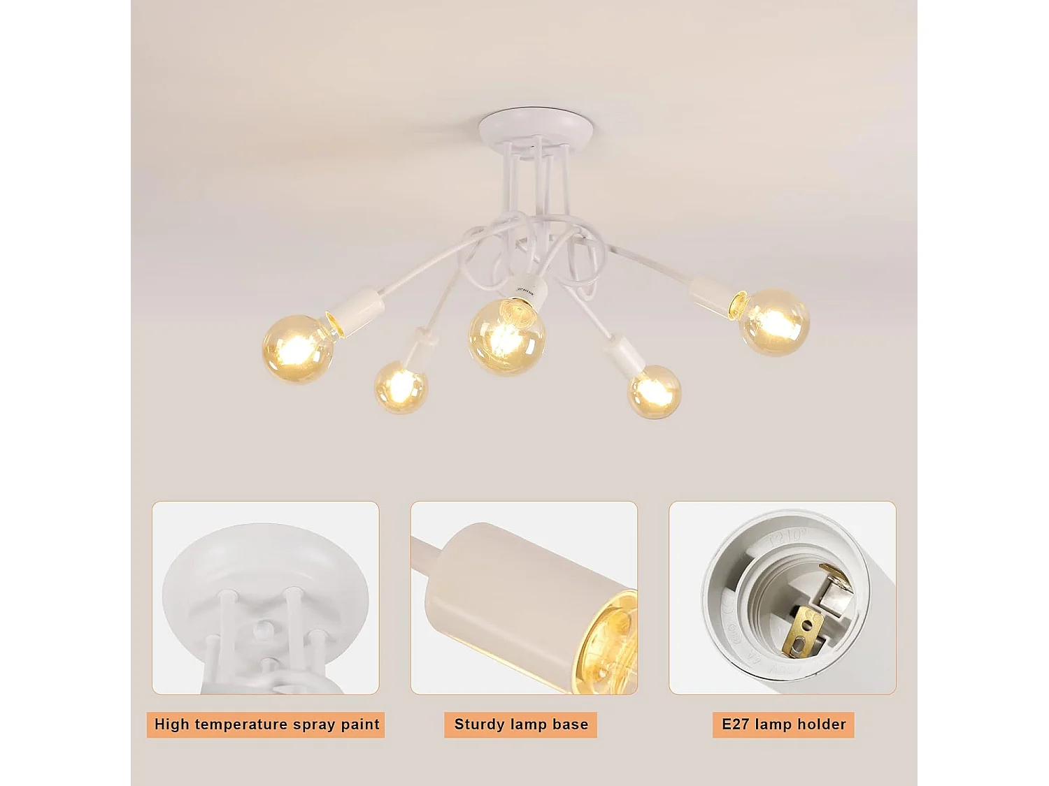 Plafonnier Industriel Vintage 5 Lumières DIY, Suspension Moderne en Fer pour Salon Chambre Cuisine, E27, Max 60W, Blanc (Sans Ampoules)
