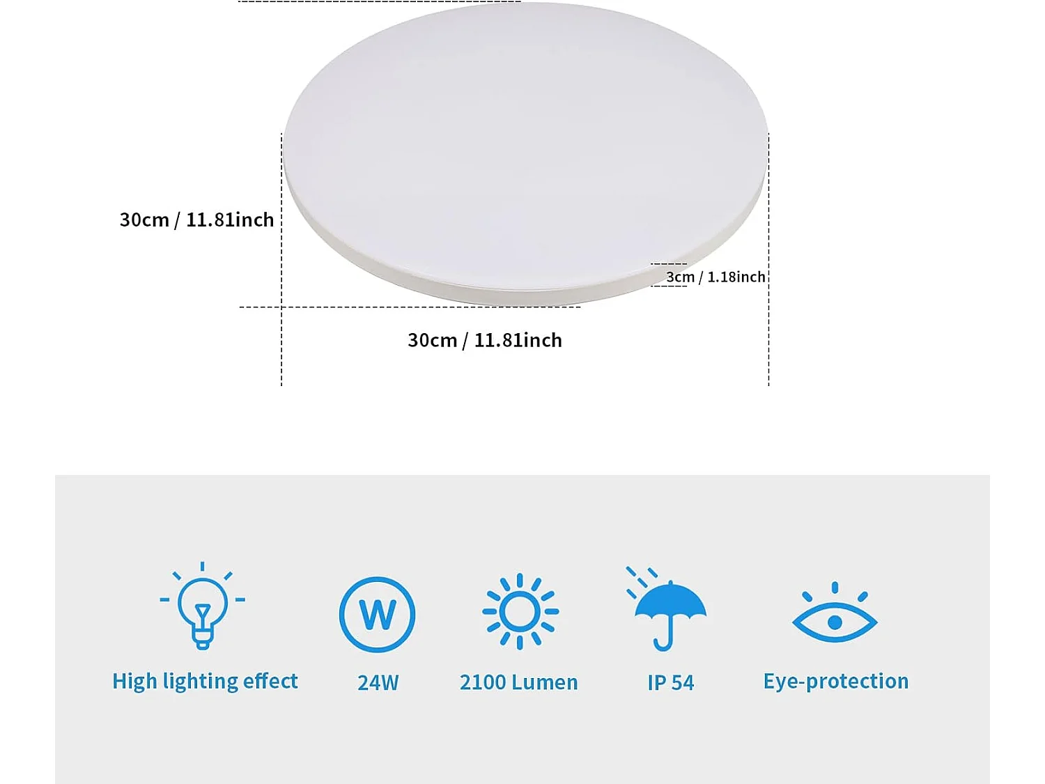 Plafonnier LED Blanc Rond de 30cm de Diamètre - 24W (Lumière Blanche 6500K) - Protection Anti-Insectes et Anti-Poussière