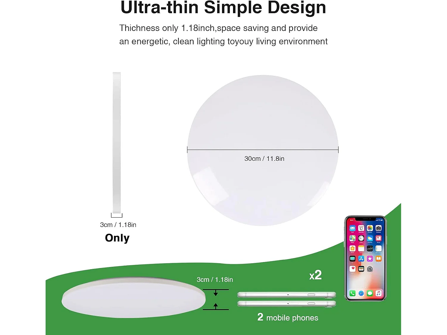 Plafonnier LED Blanc Rond de 30cm de Diamètre - 24W (Lumière Blanche 6500K) - Protection Anti-Insectes et Anti-Poussière