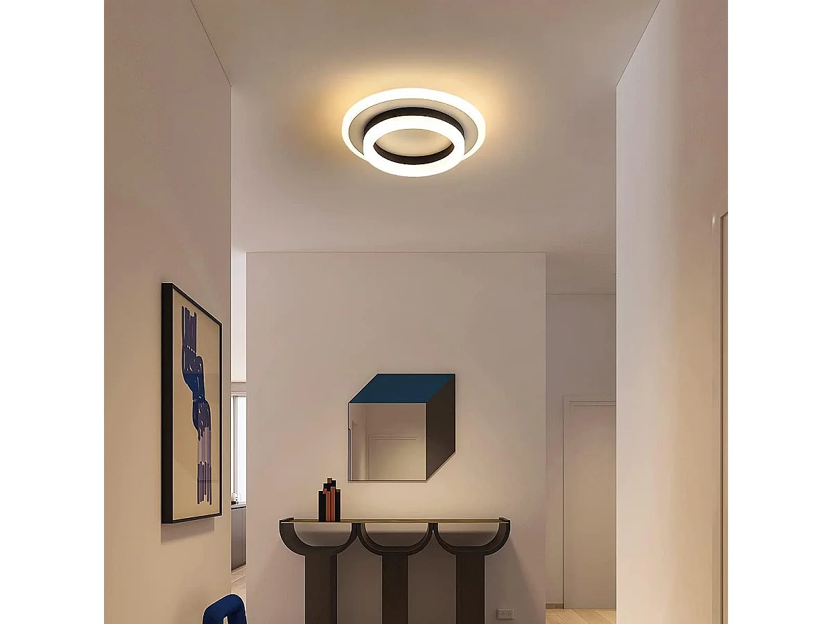 Plafonnier LED Rond, Lustre Design Moderne 20W, Lampes de Plafond en Métal Acrylique 3000K Adapté Pour Salle de Bain, Chambre, Cuisine,Bureau (Noir et Blanc)
