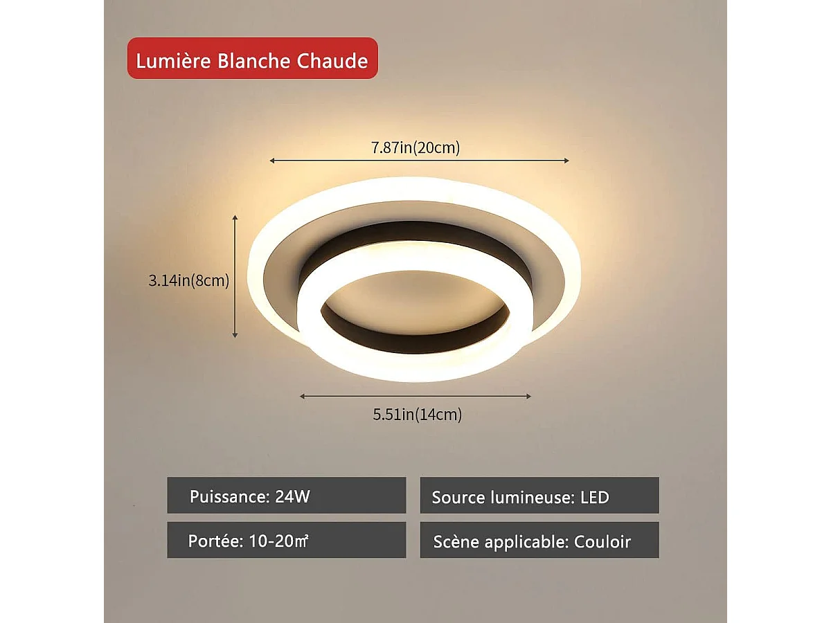 Plafonnier LED Rond, Lustre Design Moderne 20W, Lampes de Plafond en Métal Acrylique 3000K Adapté Pour Salle de Bain, Chambre, Cuisine,Bureau (Noir et Blanc)