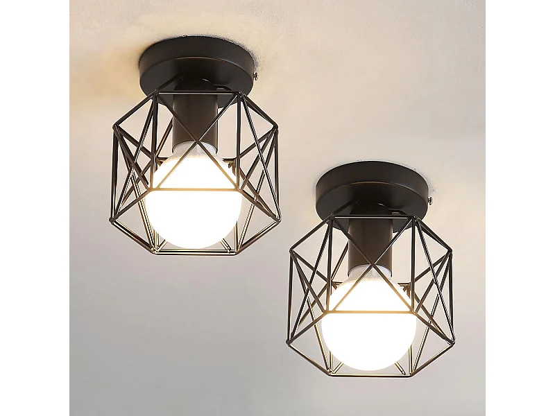 Plafonnier hexagonal en fer forgé noir en lot de 2 pour décoration intérieure (pour E27 sans ampoule)