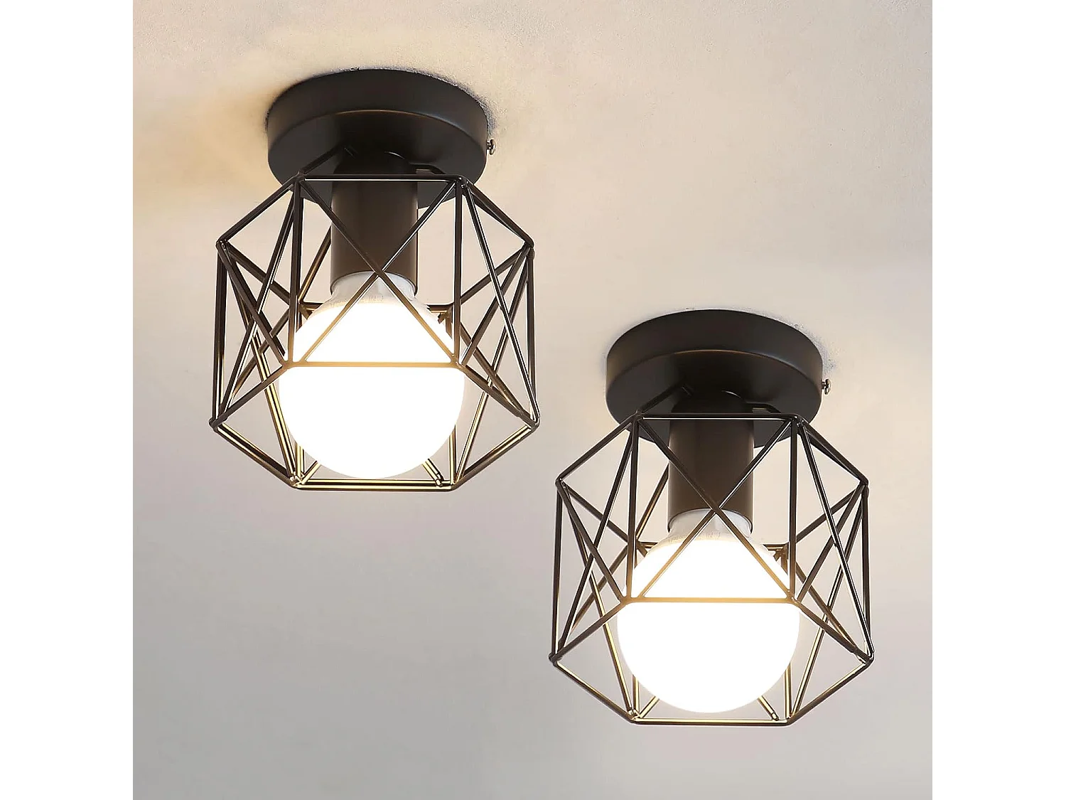 Plafonnier hexagonal en fer forgé noir en lot de 2 pour décoration intérieure (pour E27 sans ampoule)