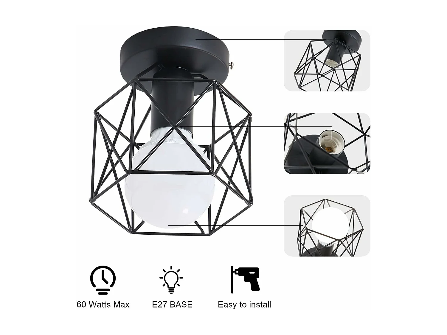 Plafonnier hexagonal en fer forgé noir en lot de 2 pour décoration intérieure (pour E27 sans ampoule)