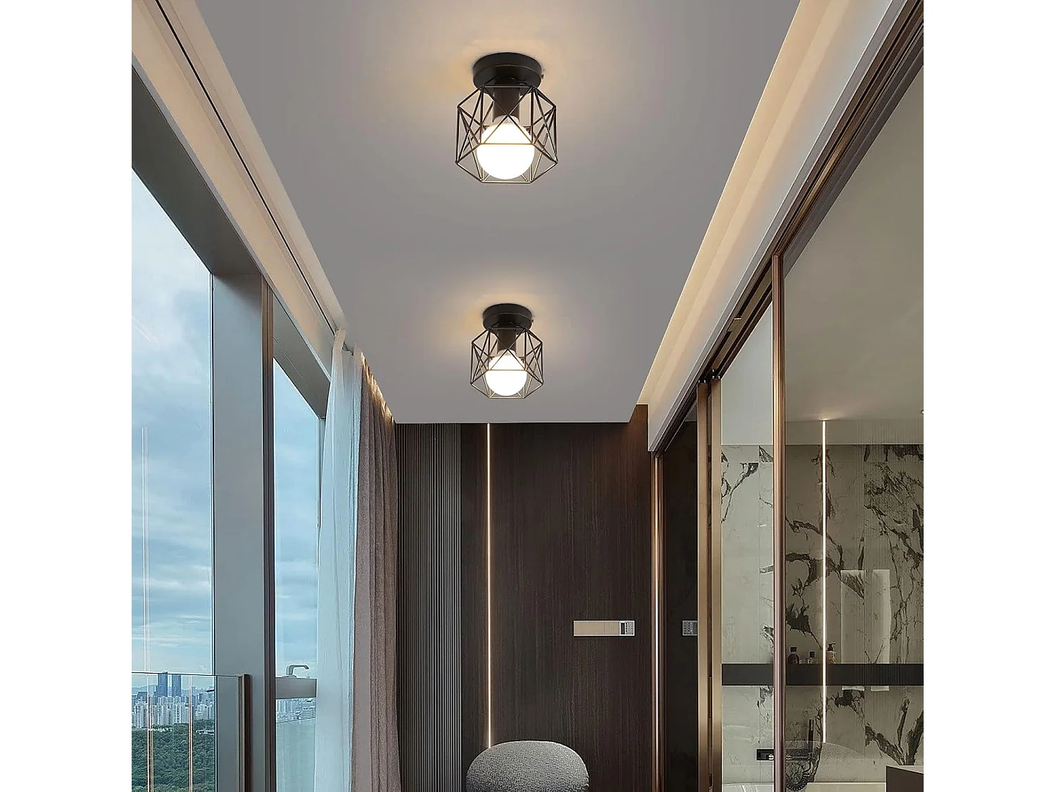 Plafonnier hexagonal en fer forgé noir en lot de 2 pour décoration intérieure (pour E27 sans ampoule)