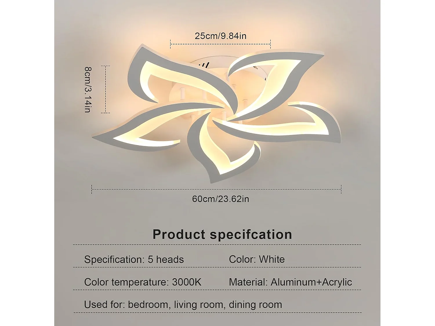 Plafonnier LED Moderne, 48W 6500LM en Acrylique, Fleur de Forme Créative, 5 Têtes, Blanc Chaud 3000K pour Salon, Chambre, Salle à Manger, Cuisine