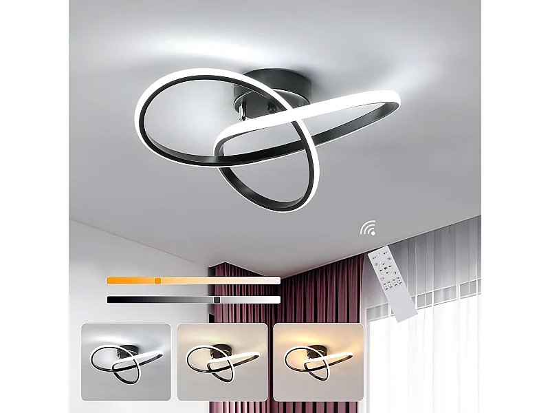 Plafonnier LED Moderne Design Créatif en Aluminium Lampe de Lustre pour Cuisine Salon Chambre Salle à Manger（Noir 36W Dimmable avec la télécommande）